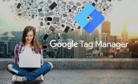 woman typing on laptop and google tag manager logo