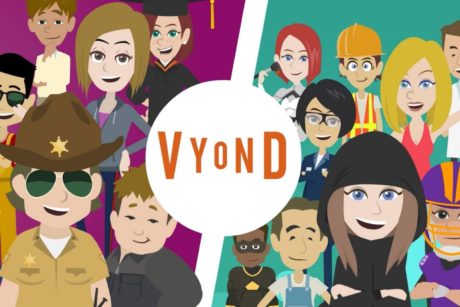 a vibrant 2D character animation showcasing the Vyond app, illustrating a new way to connect with friends