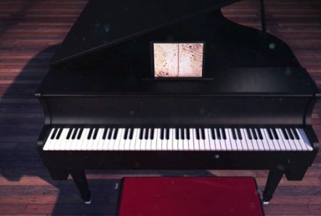 birds eye view of a black grand piano