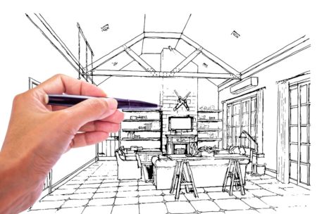 hand drawing a perspective of a kitchen