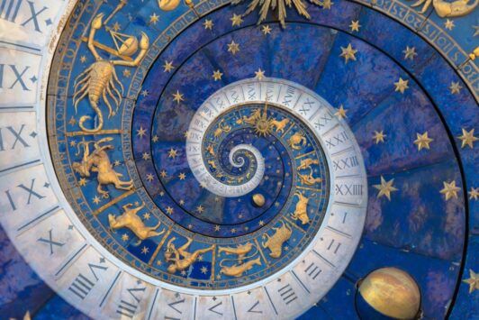 zodiac wheel, representing the twelve astrological signs, set against a backdrop of an astrology foundation