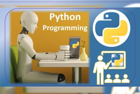 a robot sitting at a desk with a laptop trying to learn to code in python