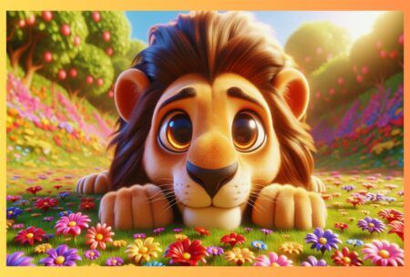 A cartoon lion character peacefully rests in a colorful field of blooming flowers AI generated through Dall-E 3.