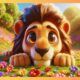 A cartoon lion character peacefully rests in a colorful field of blooming flowers AI generated through Dall-E 3.