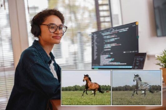 A woman wearing headphones focuses on a computer screen displaying a zebra. This image relates to a deep learning course.