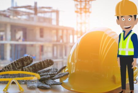 A cartoon construction worker promotes health and safety in construction, wearing a hard hat and safety glasses.