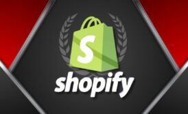 Shopify logo on red and black background, representing Shopify website development