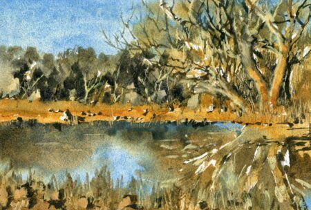 Watercolor painting of pond and trees with reflections in water. A serene and vibrant depiction of nature's beauty