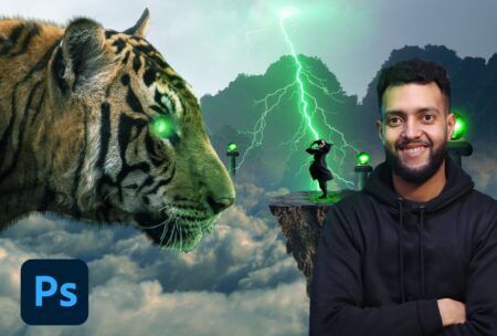 A man standing beside a tiger and lightning. Image from the Photoshop Online Course.