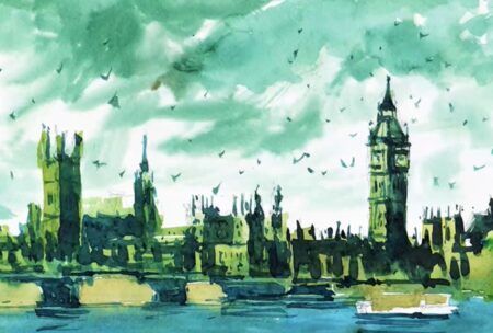 Watercolor art featuring Big Ben and the Thames, emphasizing watercolour sketching essentials.