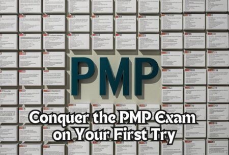 PMP exam preparation image with the words 'Conquer the PMP exam on your first try' and 'PMP mock exam’