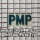 PMP exam preparation image with the words 'Conquer the PMP exam on your first try' and 'PMP mock exam’