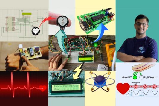 a collage of electronic devices including a heart beat monitor, showcasing the diversity of modern technology