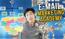 a man displaying money and email marketing academy banner, promoting email marketing copywriting