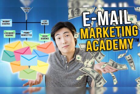 a man displaying money and email marketing academy banner, promoting email marketing copywriting