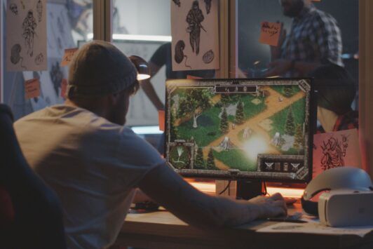 a man sitting at a desk with a computer screen, working on unity game development