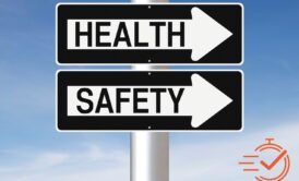 Two directional signs highlighting health and safety basics, guiding people towards essential safety information.