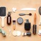 Various face and hair care items organized on a brown background, showcasing essentials for personal grooming.