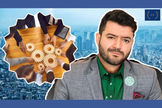 a man in a suit and tie sits before a city skyline, embodying professionalism and project management fundamentals