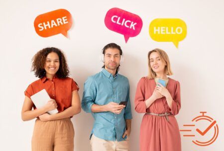 three people side by side, each with a speech bubble, indicating social media interactions