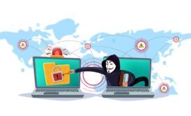 cartoon illustration of a man with a laptop and a map, highlighting cybersecurity for business