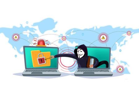 cartoon illustration of a man with a laptop and a map, highlighting cybersecurity for business