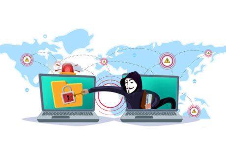 cartoon illustration of a man with a laptop and a map, highlighting cybersecurity for business