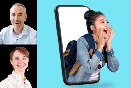 a collage showcasing a variety of people and a woman emerging from a smartphone, illustrating effective communication mastery