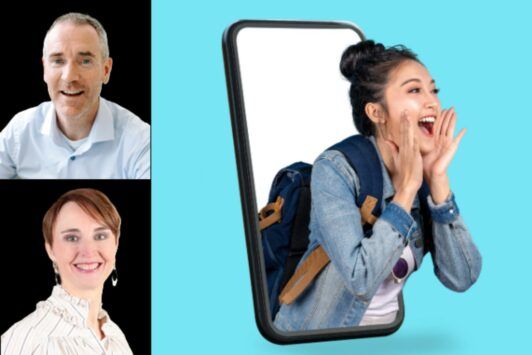 a collage showcasing a variety of people and a woman emerging from a smartphone, illustrating effective communication mastery