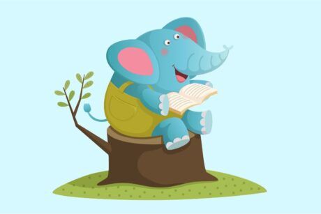 an elephant sits on a tree stump, engrossed in reading a book, illustrating a whimsical scene for how to illustrate a children's book