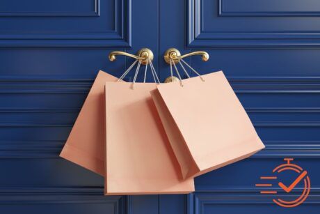 Shopping bags resting against a blue door with a golden handle, showcasing a vibrant retail sales vibe.