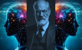 a man with his head positioned in front of a brain, illustrating Freud's psychoanalytic theory of personality