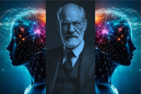 a man with his head positioned in front of a brain, illustrating Freud's psychoanalytic theory of personality