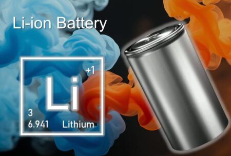 One li-ion battery showcasing its cylindrical design and metallic casing