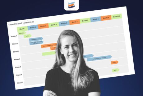 a woman reviews a project schedule, focusing on a product roadmap template to ensure timely project delivery