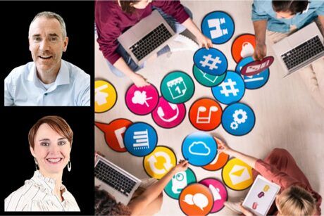 a collage depicting individuals with laptops, surrounded by social icons, illustrating how to build trust in a team strategies