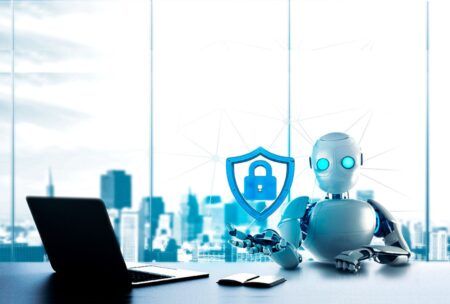 a security robot with a laptop stands against a cityscape, symbolizing cybersecurity fundamentals in an urban environment