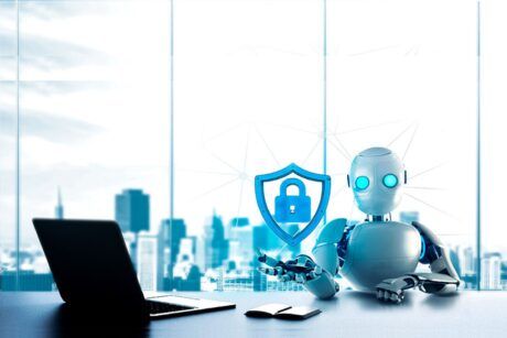 a security robot with a laptop stands against a cityscape, symbolizing cybersecurity fundamentals in an urban environment