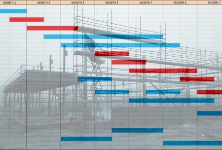 a computer screen displays a gantt chart in excel, illustrating a detailed construction schedule