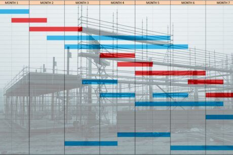 a computer screen displays a gantt chart in excel, illustrating a detailed construction schedule