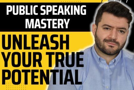 image promoting an online public speaking course, emphasizing mastery and unleashing true potential in communication skills