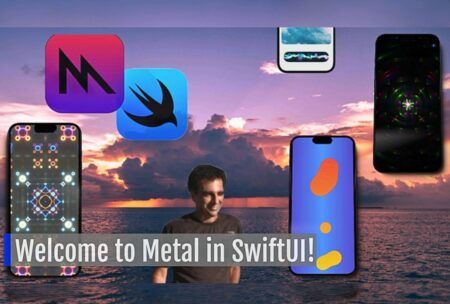 graphic for a swiftui course, showcasing a metallic theme with the phrase welcome to metal in swiftui