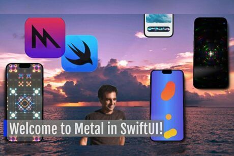 graphic for a swiftui course, showcasing a metallic theme with the phrase welcome to metal in swiftui